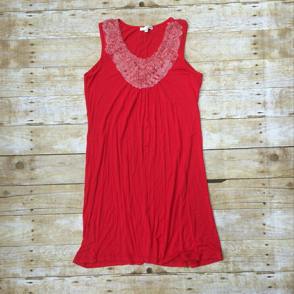 Red Lapis dress with frilly, embellished neckline